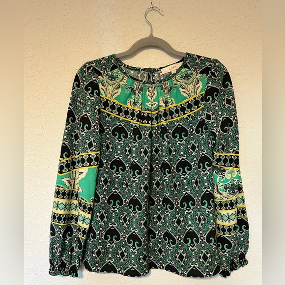 LOFT Tops - LOFT Long Sleeve Blouse Featuring Green, Black and Yellow Paisley Design